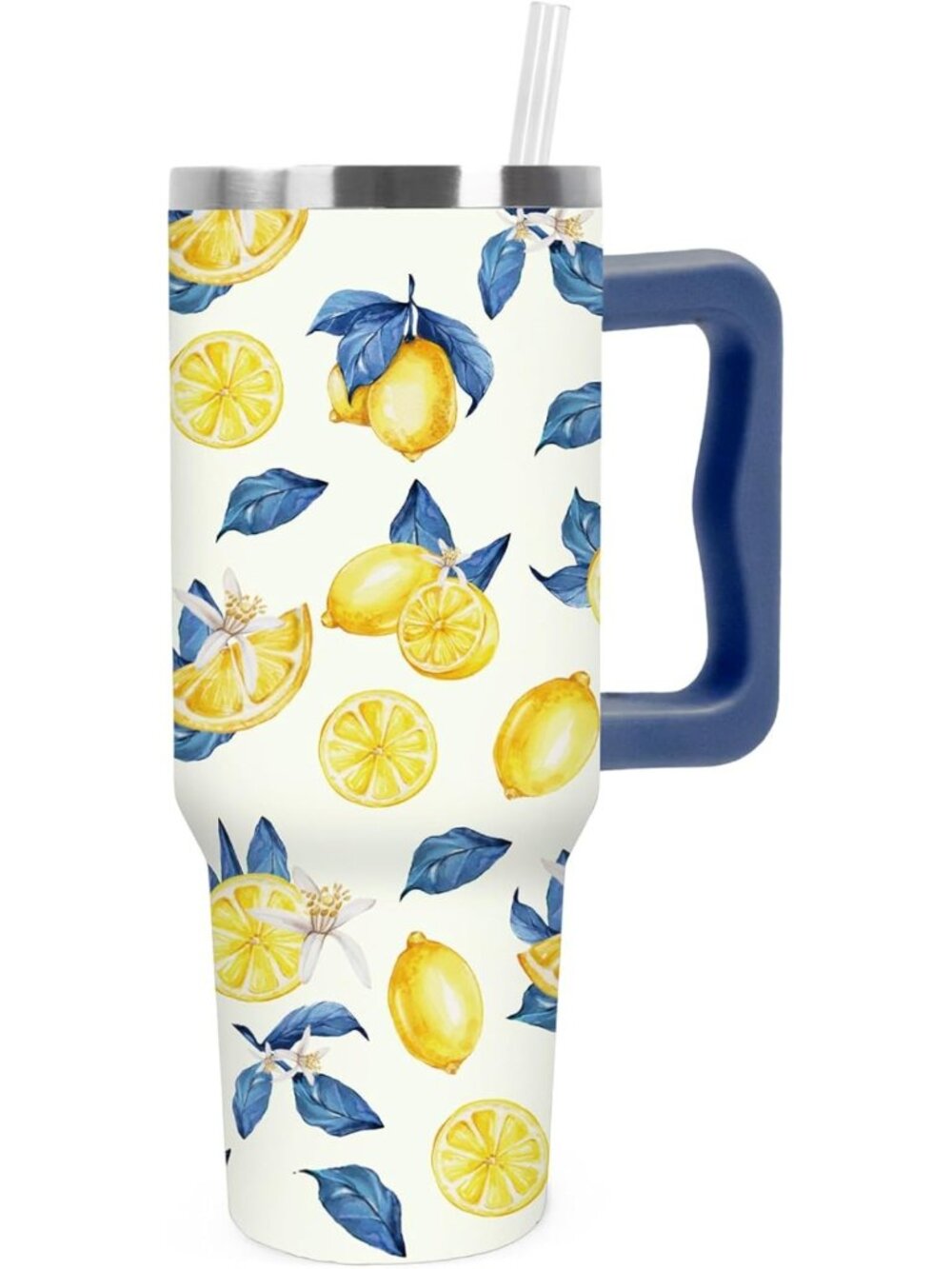 40oz Lemon Tumbler with Handle & Straw - Blue Chinoiserie Stainless Steel Cup